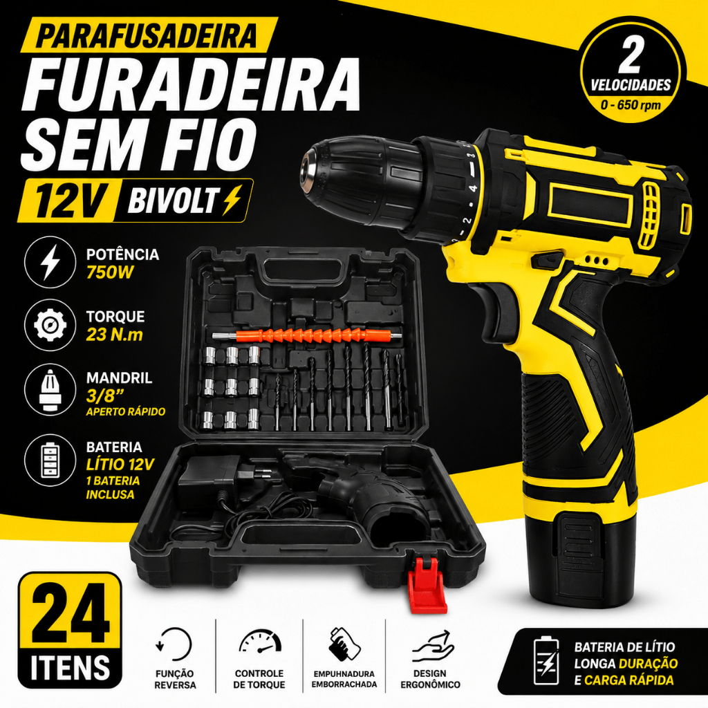 Parafusadeira Furadeira Sem Fio 12V Bateria Lítio Bivolt Mandril 3/8 Kit 24 Peças