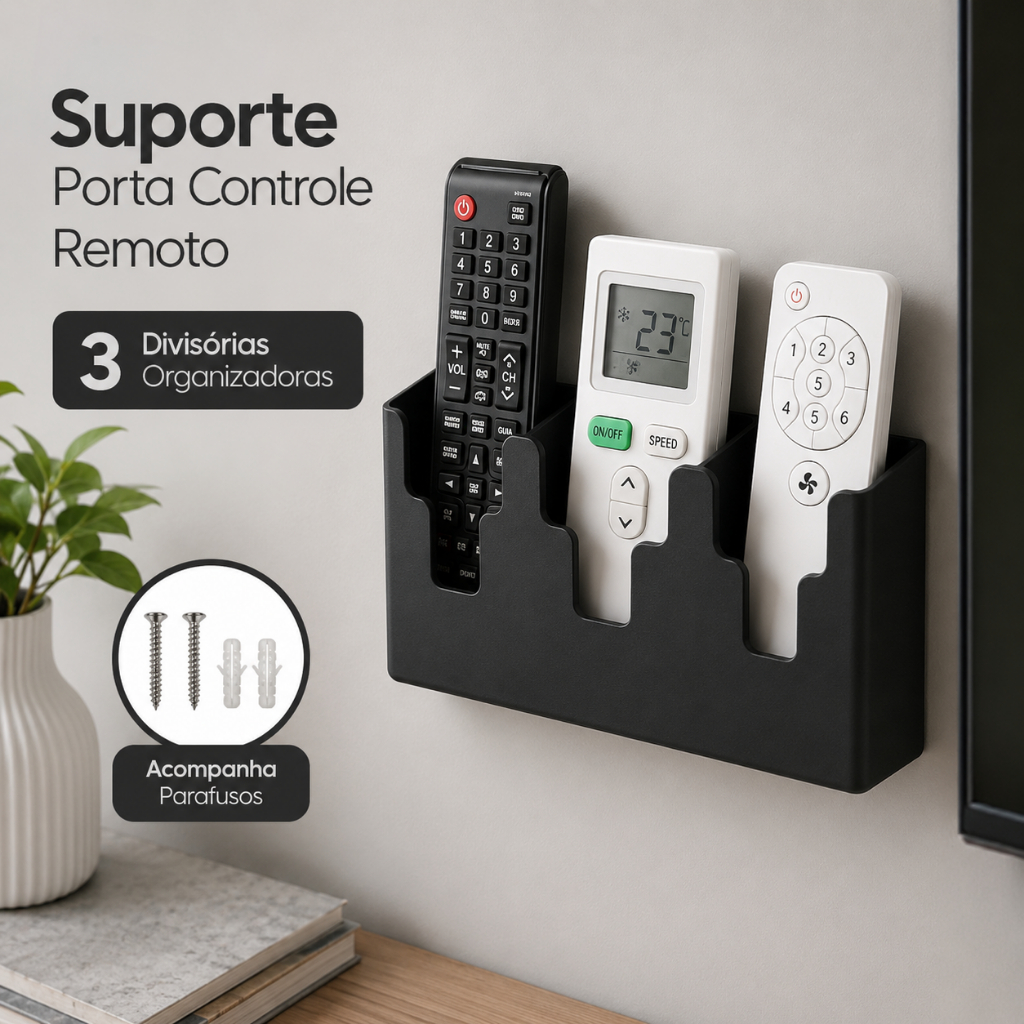 Suporte De Parede 3 Divisórias Porta Controle Remoto Universal Ar Tv Ventilador C/ Furo + Parafusos