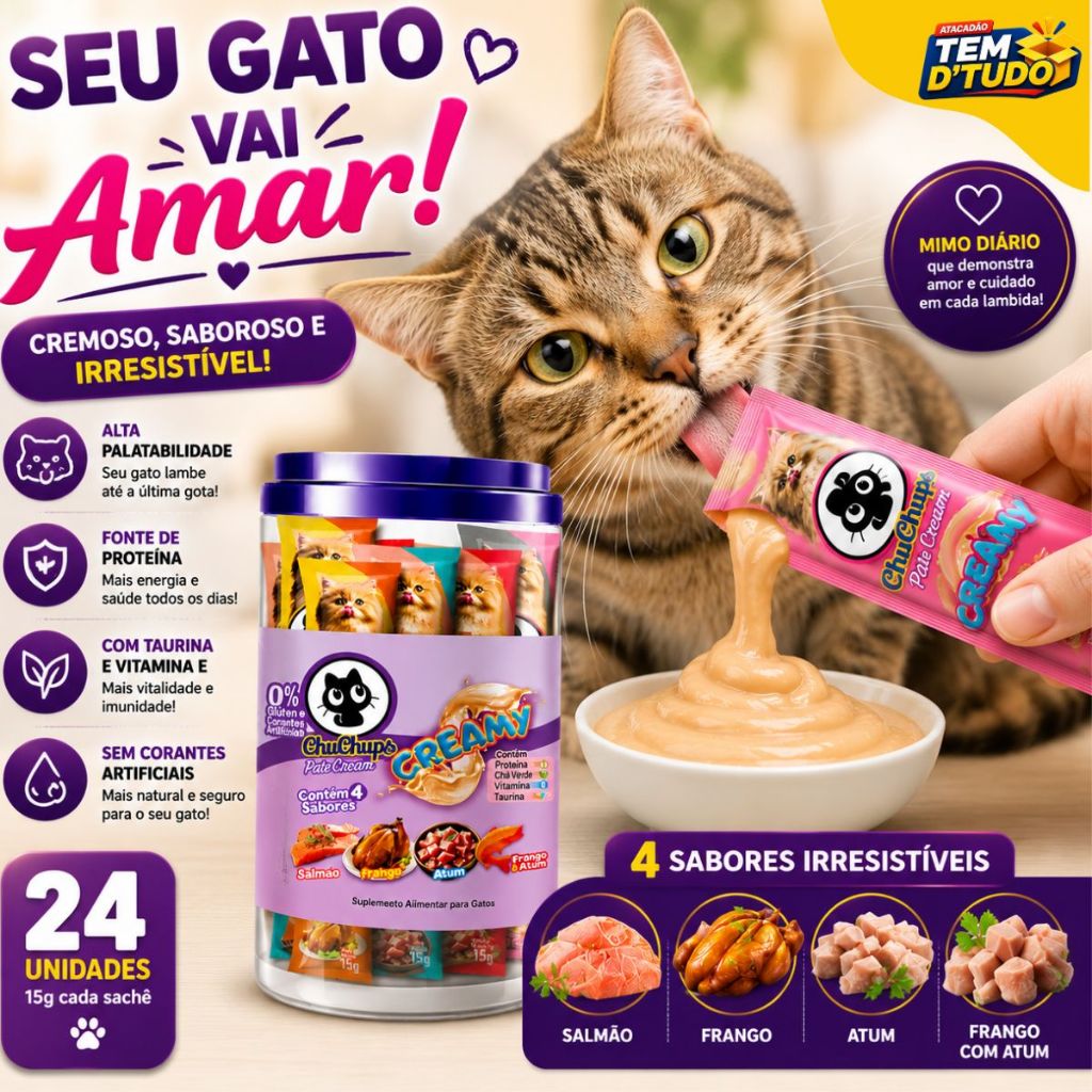 ChuChups Creamy Petisco Gato Pote 24 Unidades Misto Tipo Churu Chup Chup Cat Delicioso