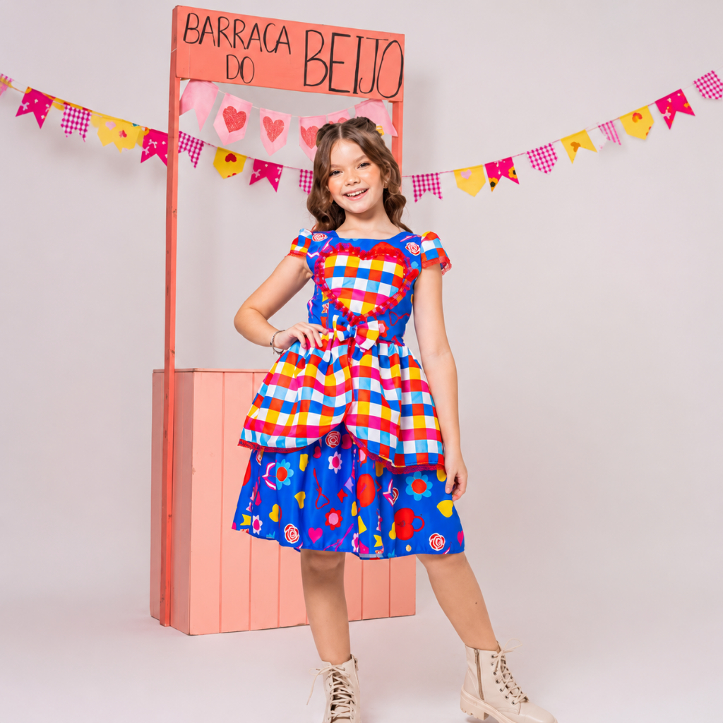 Vestido Infantil Rodado Xadrez Azul Festa Junina São João