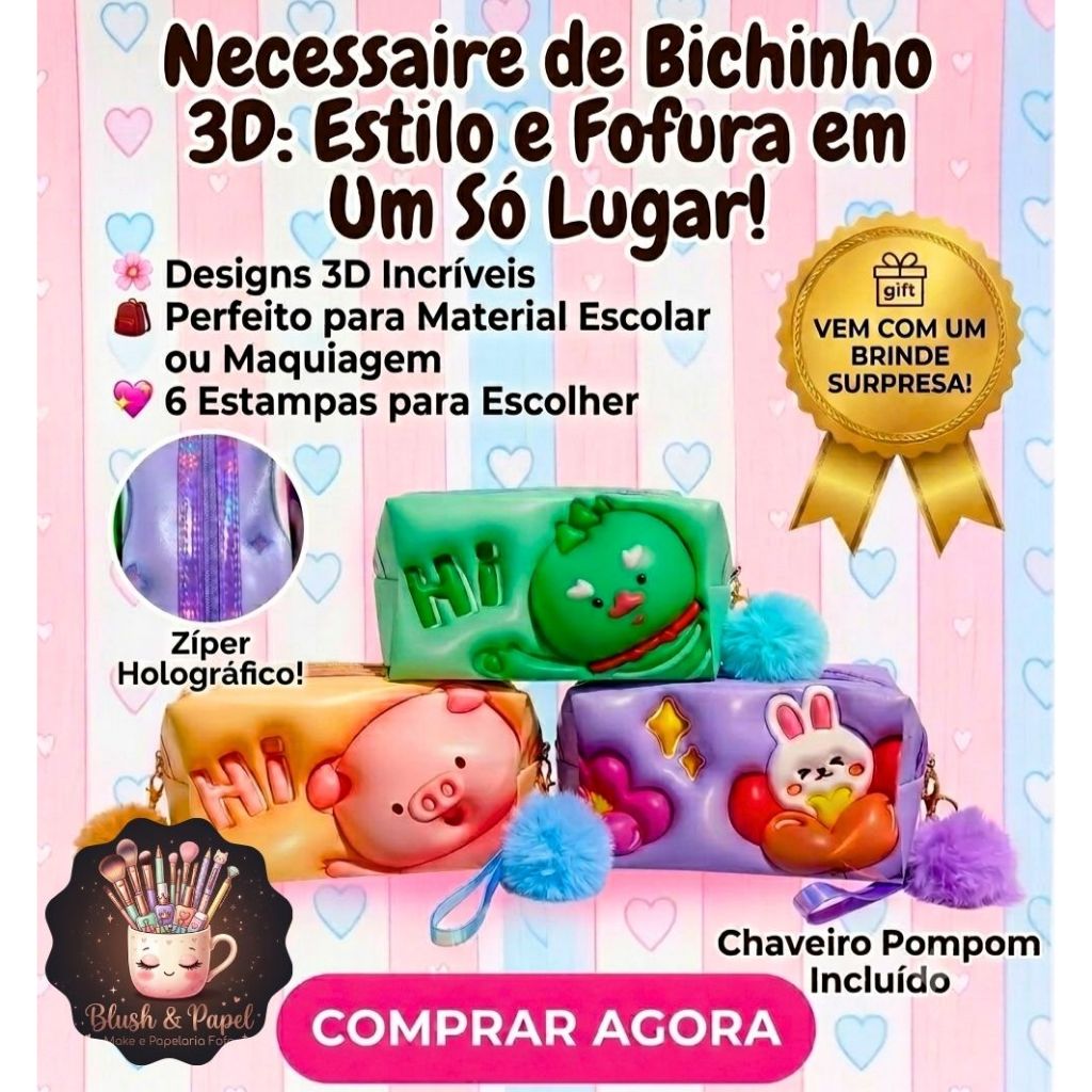 Estojo Necessaire Kawaii Bichinhos Estampado Estilo 3D com Chaveiro Pompom + Caneta Decorada