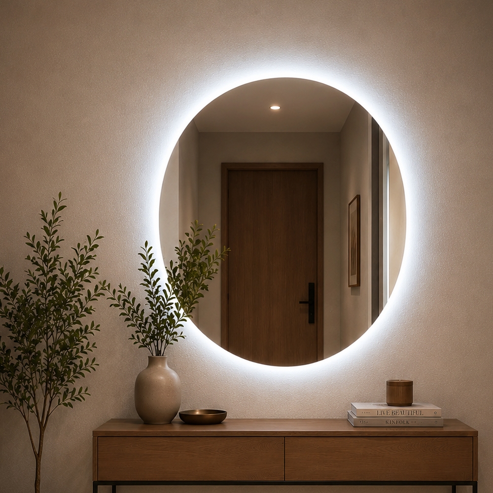 Espelho com LED Retroiluminado Redondo Lapidado Para Maquiagem 60cm Fonte Com Kit de instalação