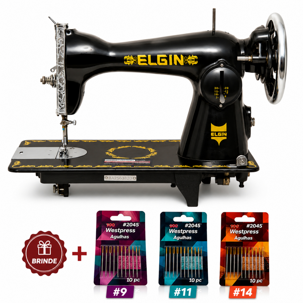 Máquina de Costura Doméstica Seminova Revisada Reta Elgin Pretinha + Kit de Pacotes Agulhas para Máquina