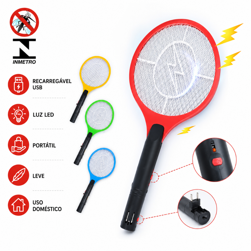 Raquete Elétrica Recarregável Bivolt com Luz LED para Ambientes