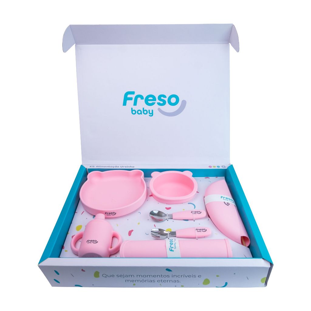 Kit Alimentação Ursinho Bebê em Silicone 7 Peças Freso Baby Cor Rosa Urso Livre BPA Segura Infantil