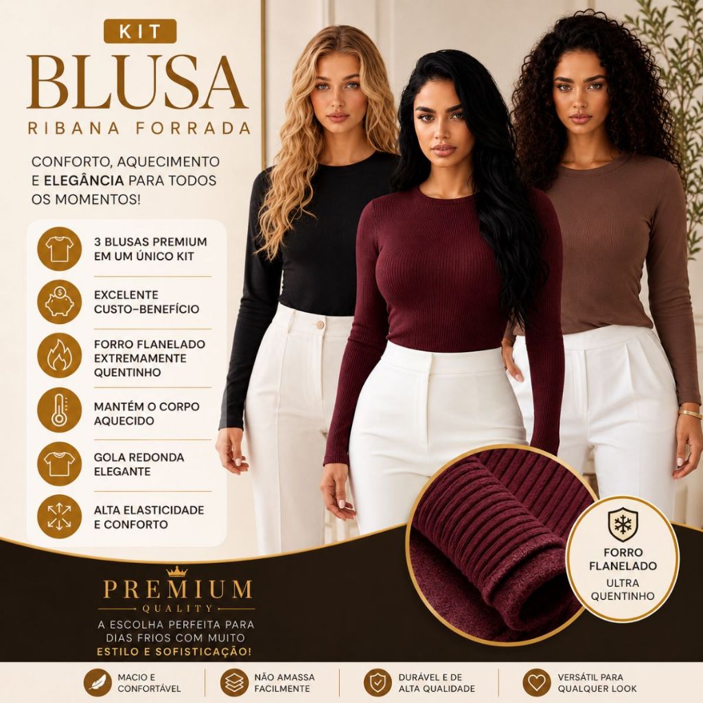 Kit 3 Blusas Caneladas Peluciadas Feminina Térmica Manga Longa Inverno Quentinha