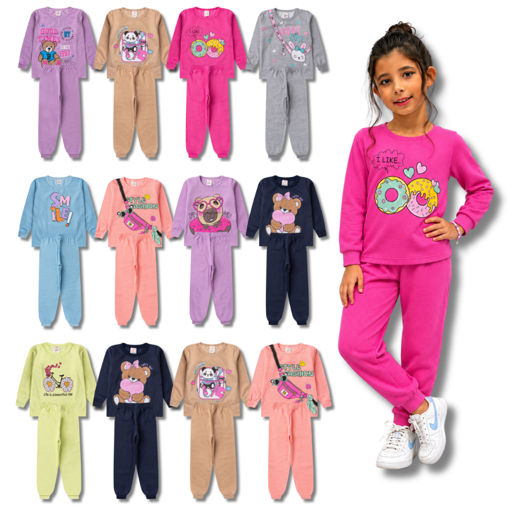 Kit Sortido 4 Peças 2 Casacos Moletom Careca + 2 Calças Infantil Feminino/Menina 2 Conjuntos 1 ao 14