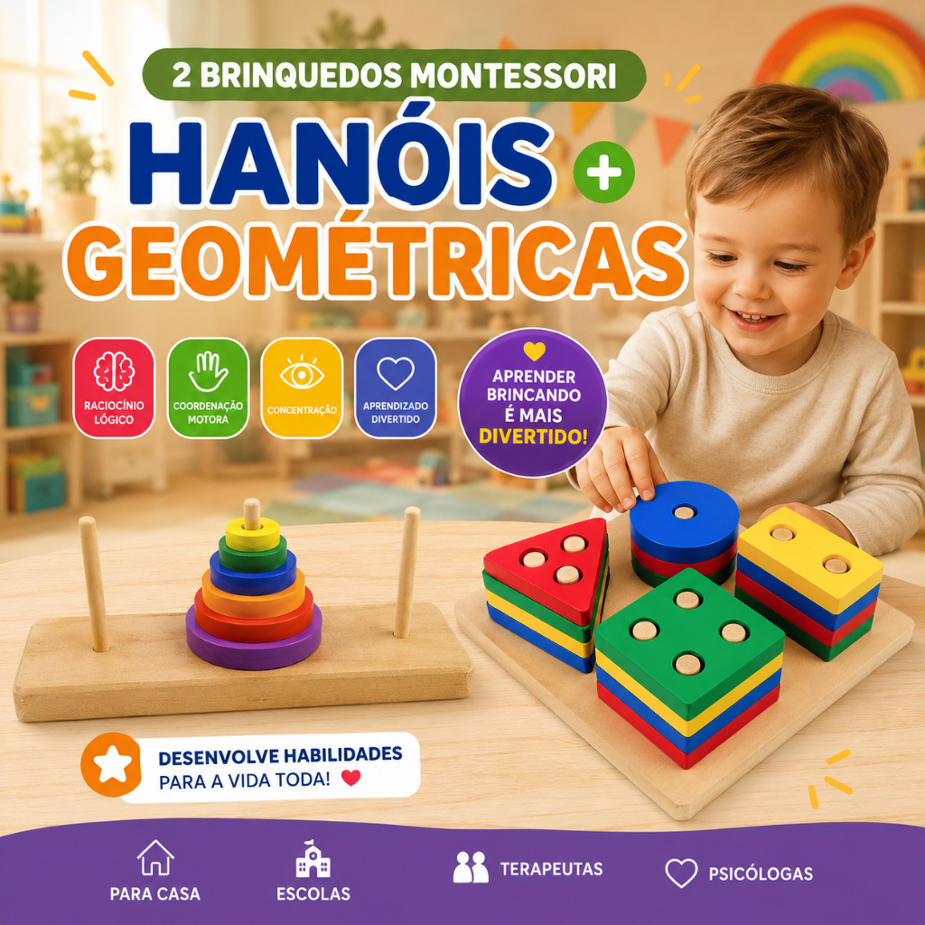 Kit Educativo Torre de Hanói + Formas Geométricas | Montessori, Autismo, TDAH, Coordenação MDF/EVA