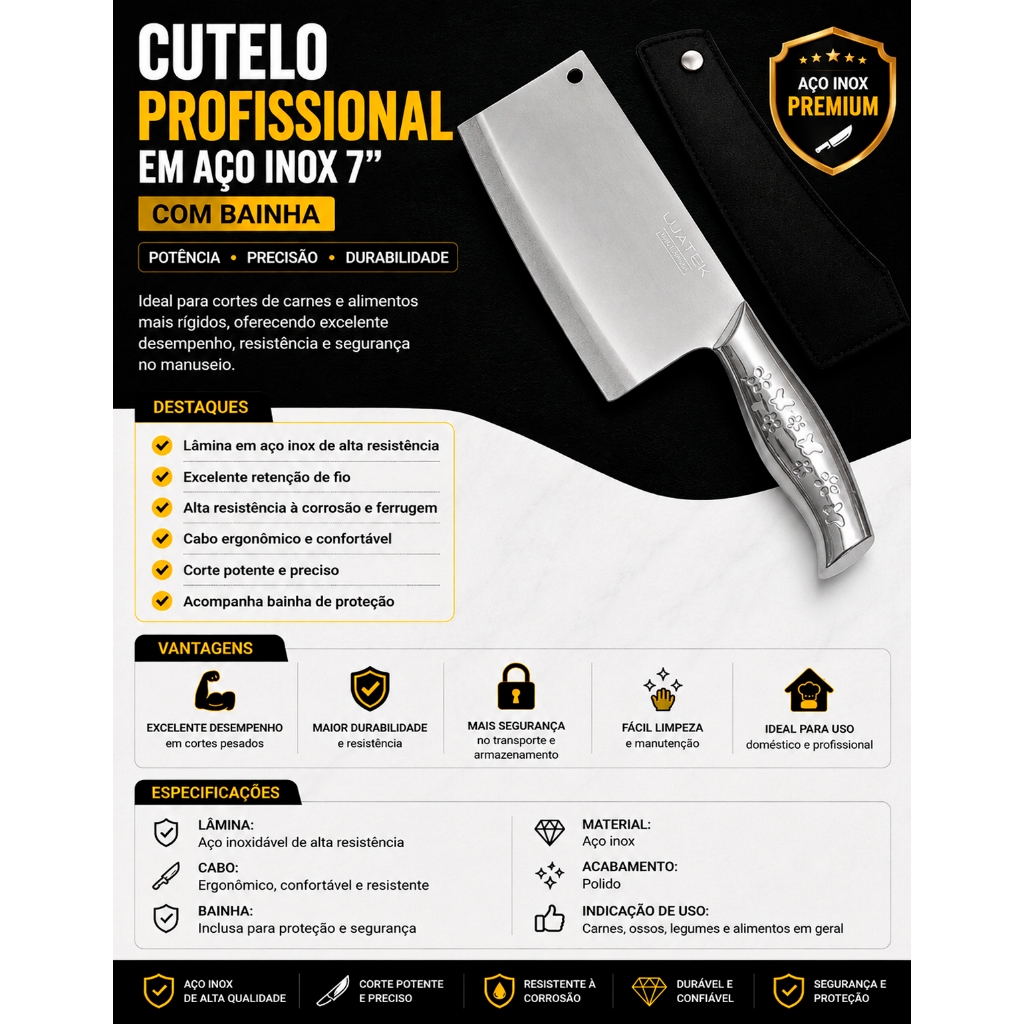 Faca Cutelo Profissional  7" Polegadas Corta Osso Facão 30cm Com Bainha