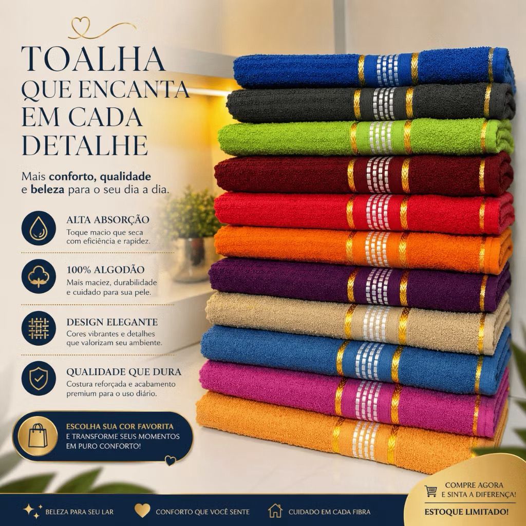 KIT 3 TOALHAS DE BANHO CANELADA 70X130CM CORES SORTIDAS 100% ALGODAO
