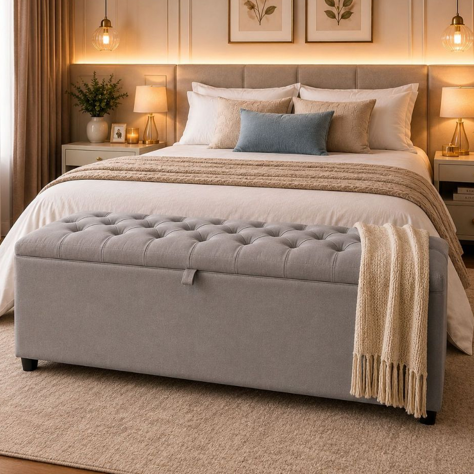 Puff Recamier Baú Capitonê 120cm Premium – Banco Organizador para Quarto Casal