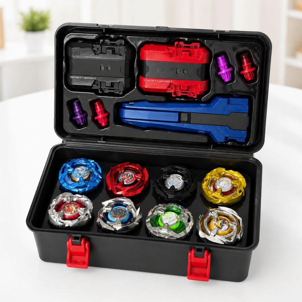 Kit Beyblade Metal Fusion 8 Piões 2 Lançadores com Maleta Batalha Brinquedo Batalha