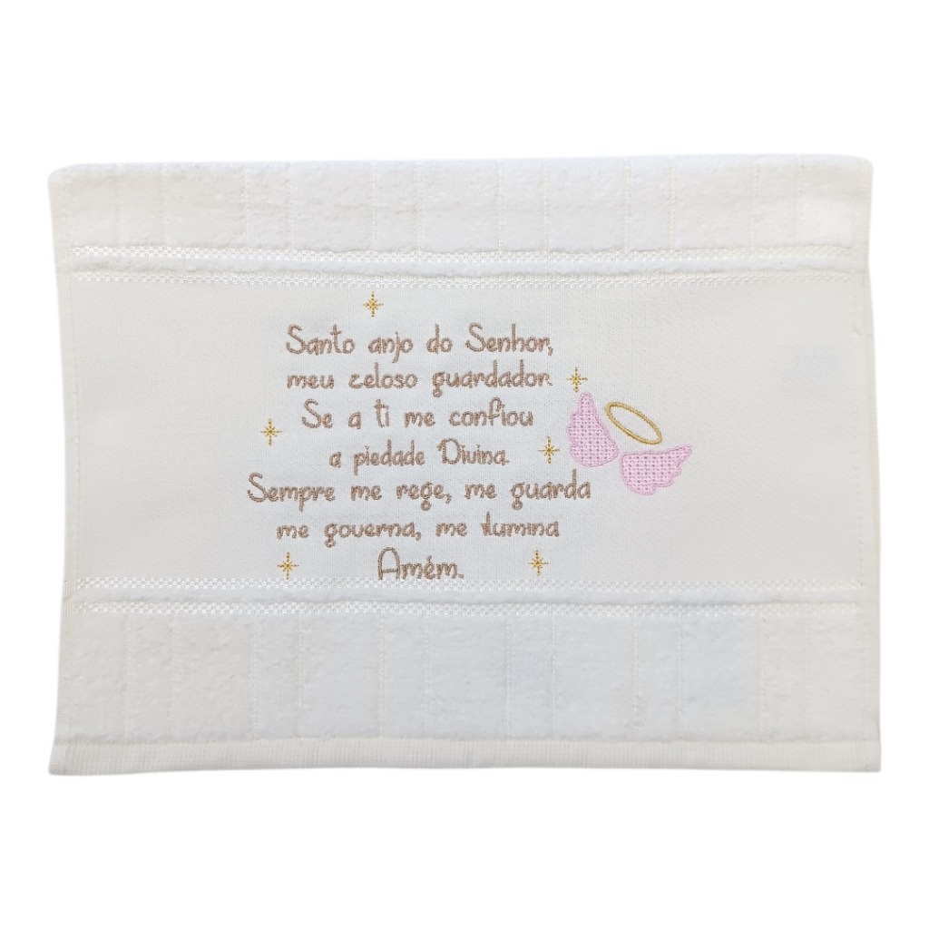 Toalhinha Bordada com Oração Santo Anjo Cor Marfim e Asas na cor Rosa