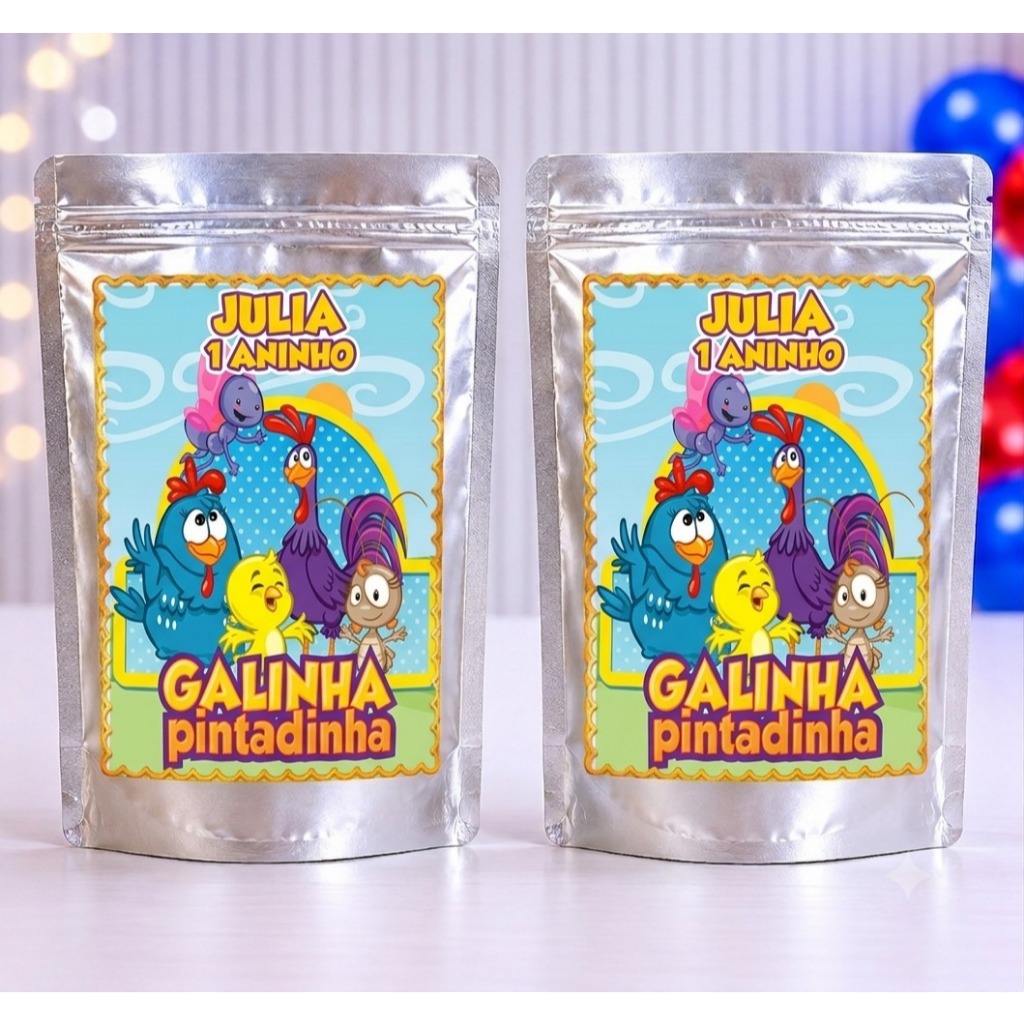 Saquinho Galinha Pintadinha metalizado zip lock 10x15 personalizado