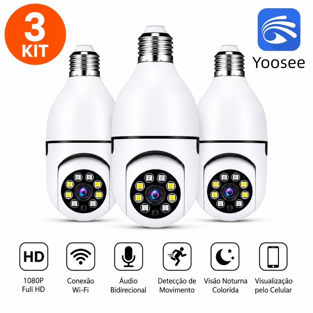 Kit Câmera Lâmpada WiFi 360° Visão Noturna Monitoramento 24h Detecção Movimento 8177
