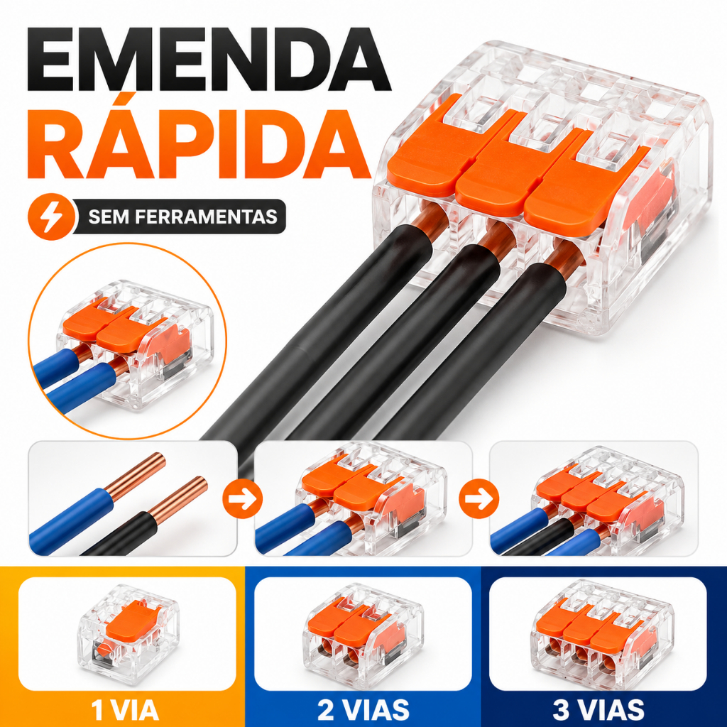 Kit até 10 Conector Elétrico Emenda Rápida 1, 2, 3 vias 32A Original 4mm²  Chuveiro Tomada Lâmpada