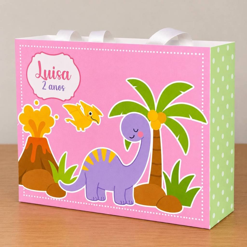 Sacola M Personalizada Dinossauro Menina Rosa Lembrancinha Aniversário Infantil