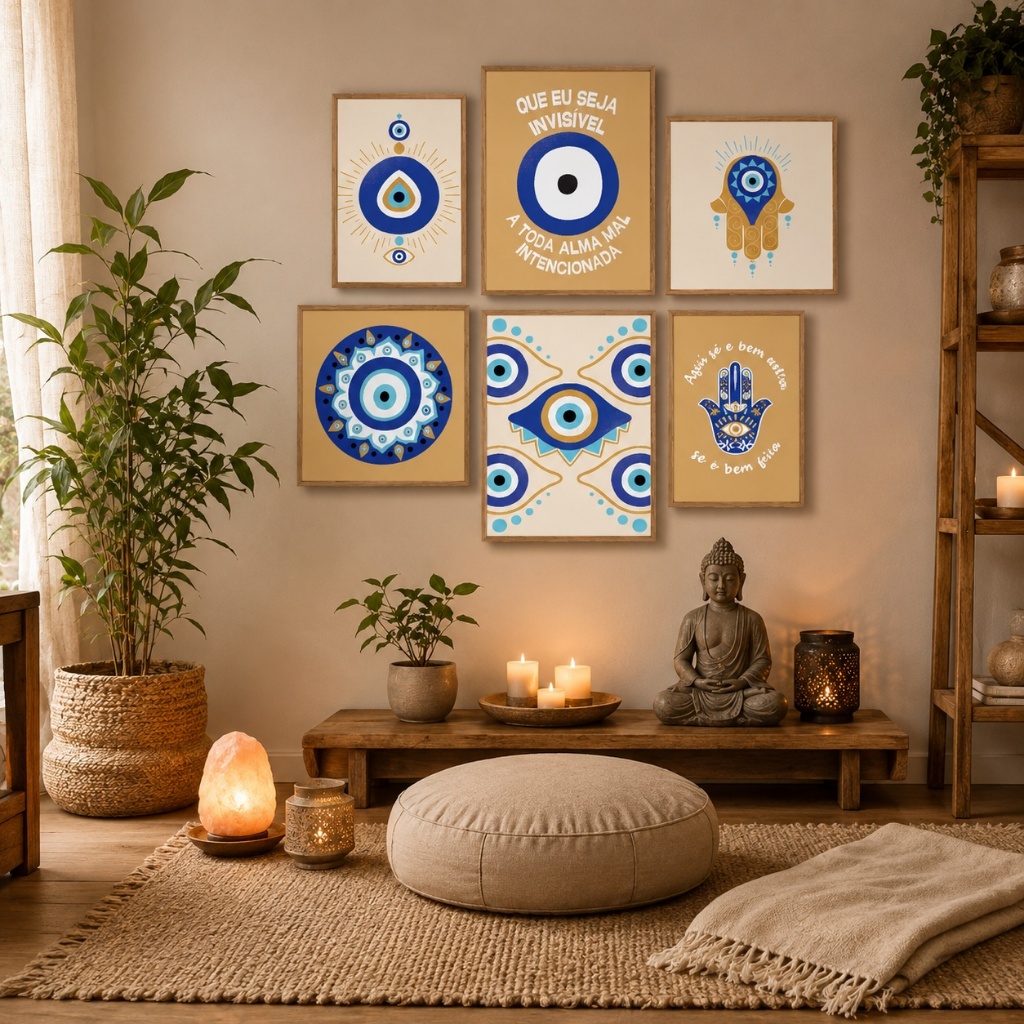 Quadro Decorativo Espiritual Proteção Energia Positiva Kit 6 Peças Sala Quarto Escritório