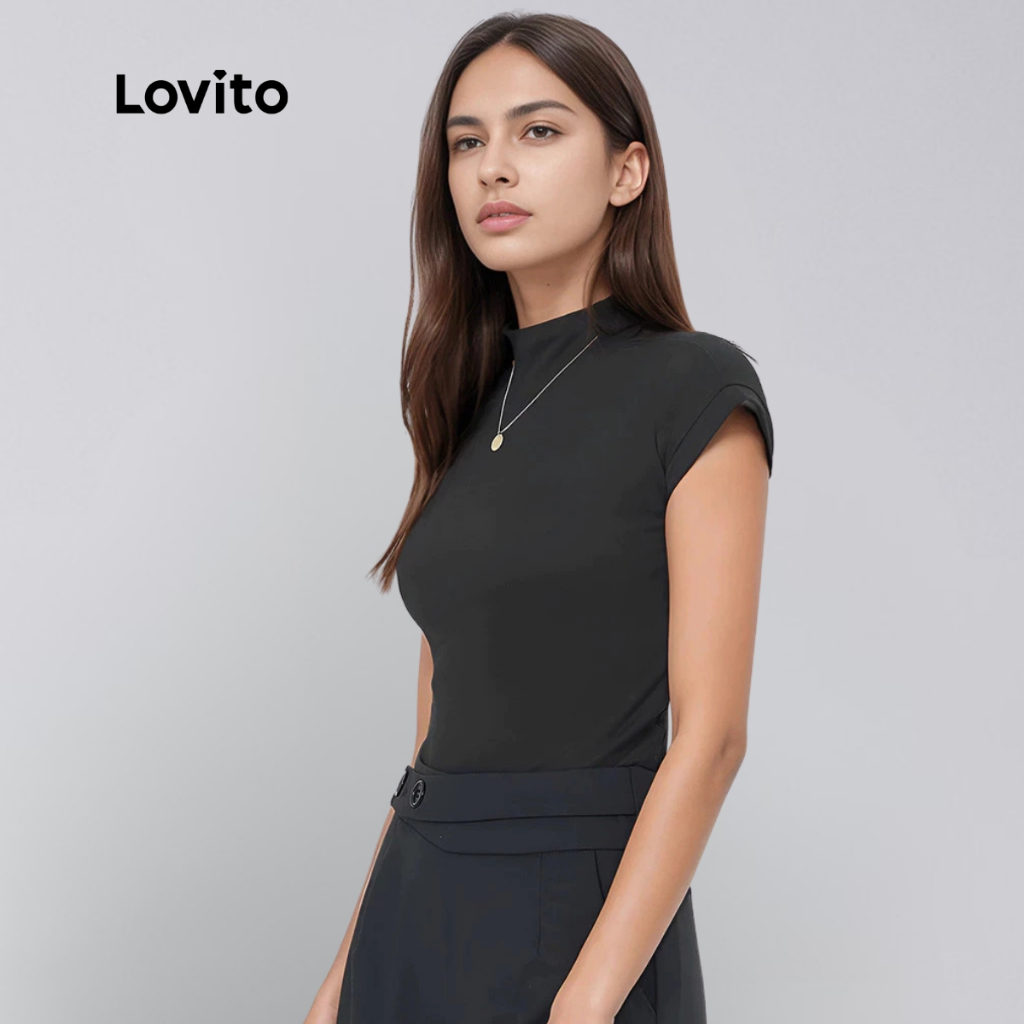 Lovito Camiseta Gola Alta Manga Curta Basica Feminina BRTSB68ED302
