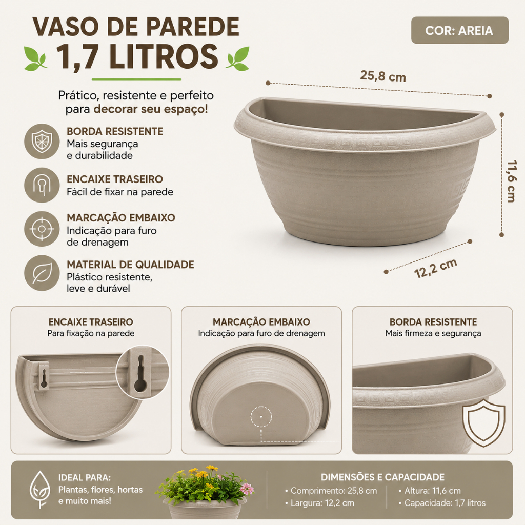 6 Vasos para Plantas Decoração Casa 1,7 Litros Meia Lua Parede — imagem 2 de 2