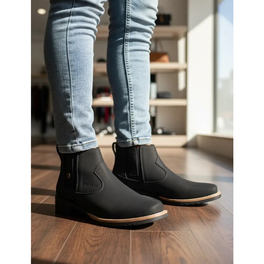 Botina Feminina Zebu Nobuck Preto Bota Western Com Bico Quadrado E Couro Bovino Resistente
