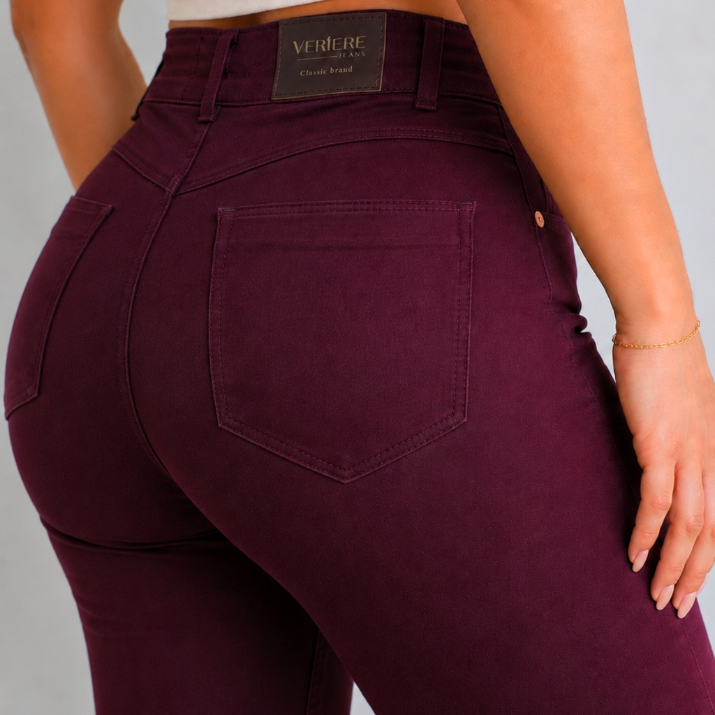 Calça Skinny Bordô Feminina Sarja Cintura Média Empina Bumbum