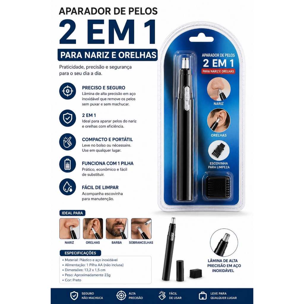 Mini Depilador Facial Caneta Elétrico Aparador Buço Sobrancelha Nariz Preto