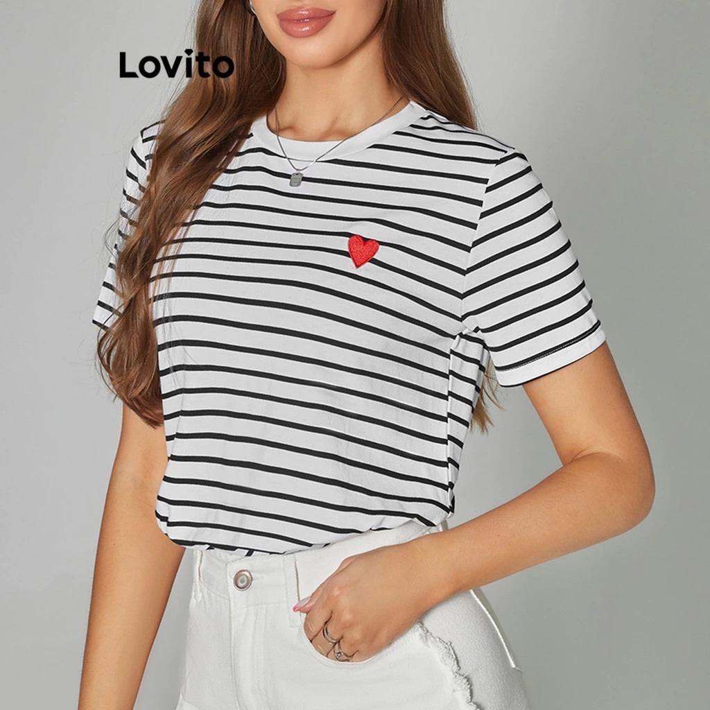 Lovito Camiseta Casual Feminina com Bordado Coraçao TSB5BR067