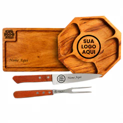 kit tabua de corte personalizada com petisqueira e kit garfo faca e chaira presente perfeito