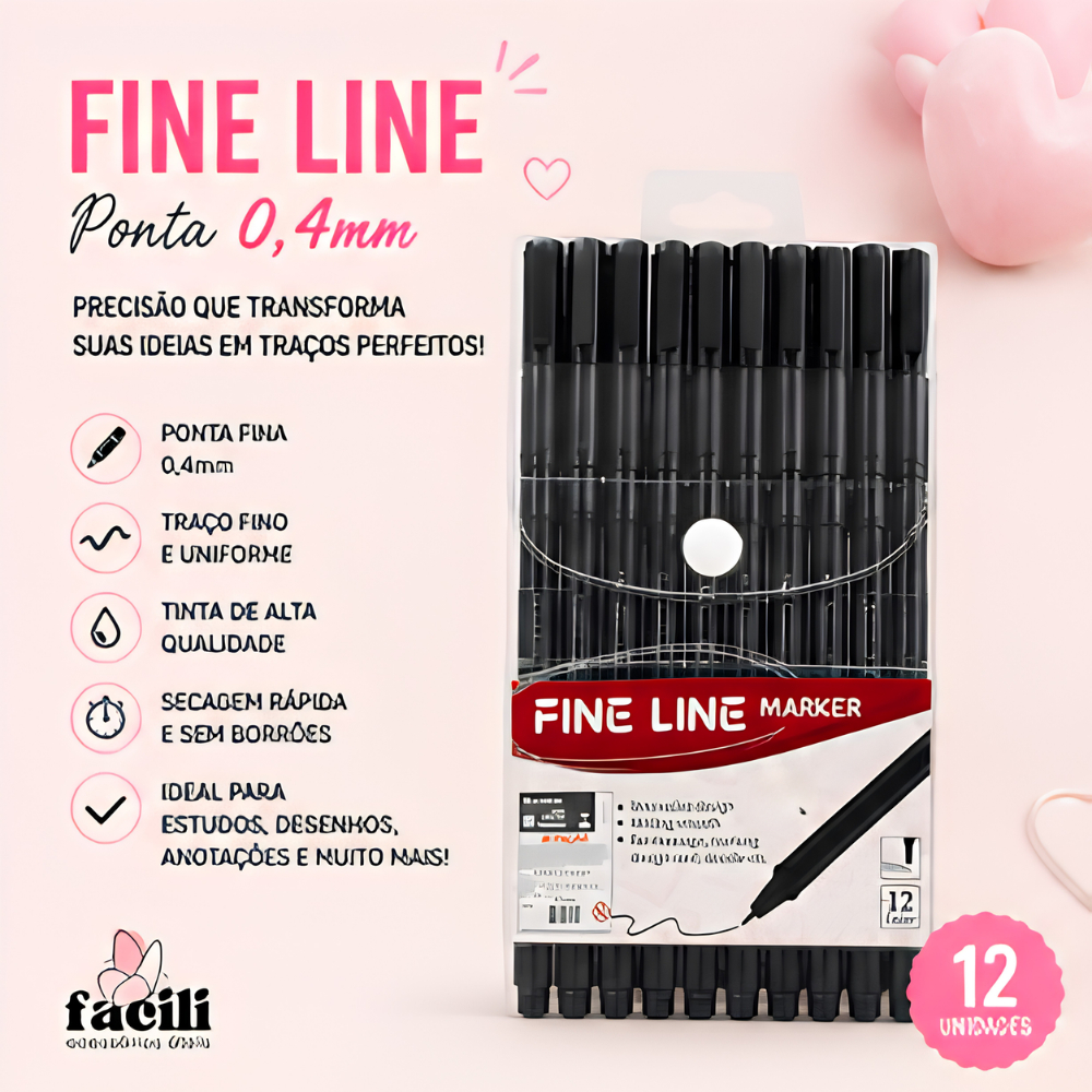 Canetas Fine Line Cor Preto Ponta Fina 0.4mm