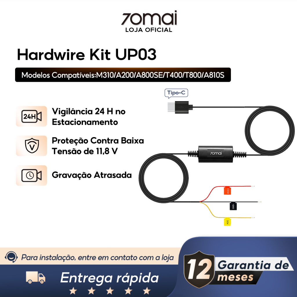 70mai Hardwire Kit Up03 Tipo C Vigilância de Estacionamento 24h Proteção Contra