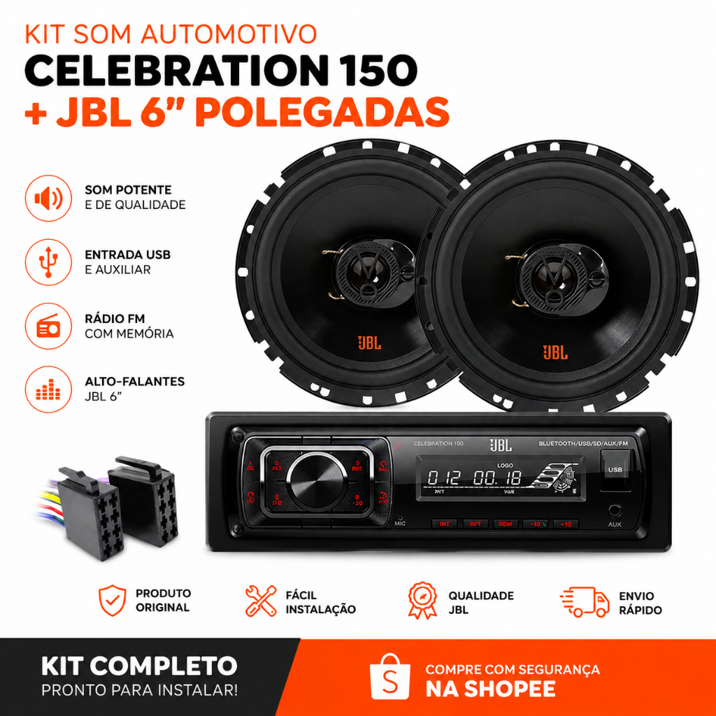 Kit Som Automotivo JBL Celebration 150 Bluetooth USB FM + Par Alto Falantes JBL 6 Polegadas