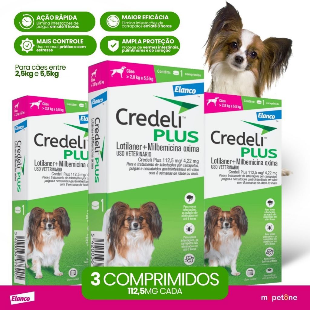 Kit 3 Credeli Plus Elanco para Cães de 2,8 a 5,5kg - 1 Comprimido