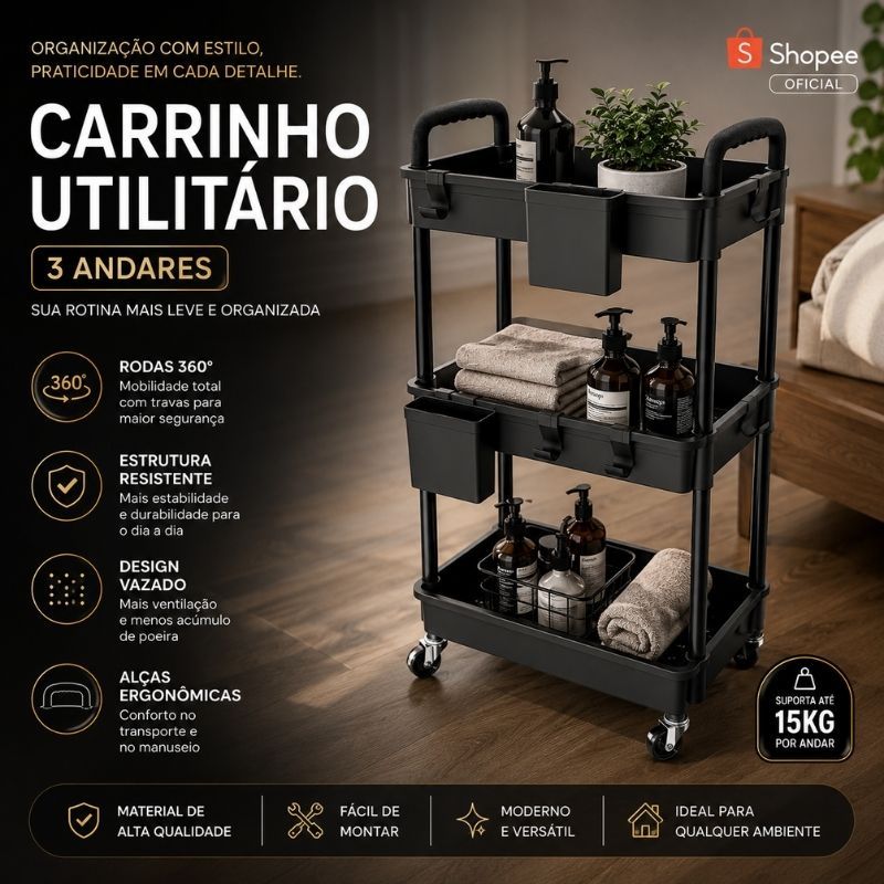 Carrinho Organizador 3 Andares com Rodas 360° Multiuso Cozinha Banheiro Escritório Preto Luxo