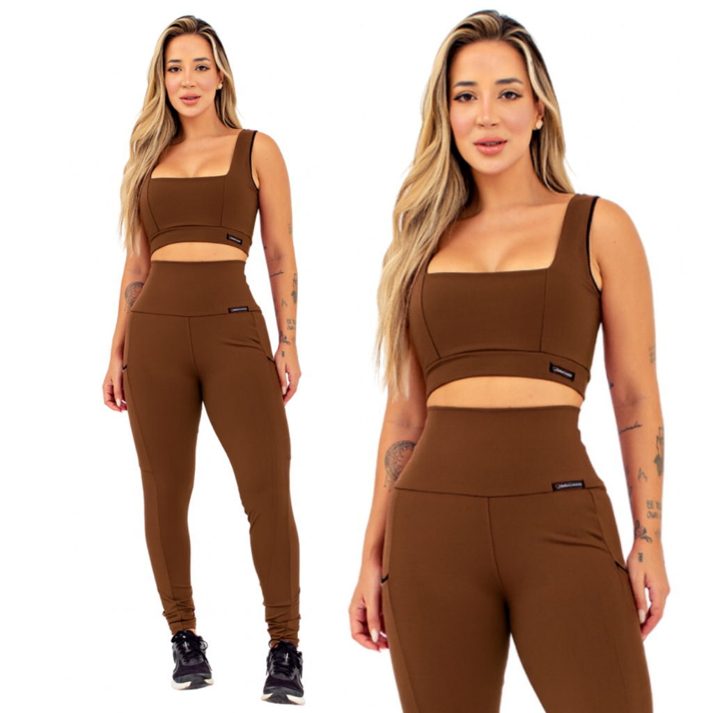 Conjunto Feminino Academia  Legging Cintura Alta Bolso |Top  c/ Forro Leg Zero Transparência Fitness