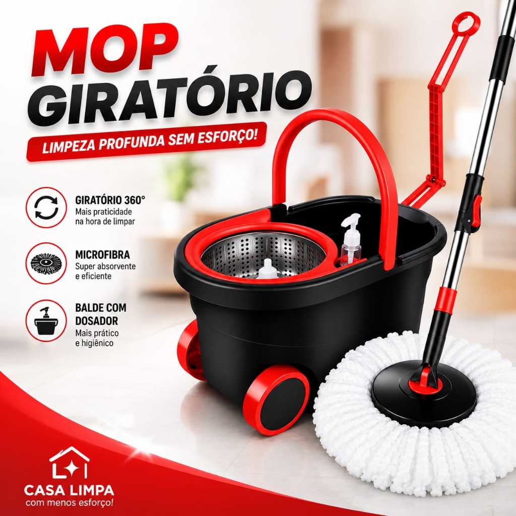 Mop Giratório Cabo Grande 160 Cm  Esfregão Balde 16 Litros Inox 3 Refis e Dispenser Rodinhas e Alça Retrátil