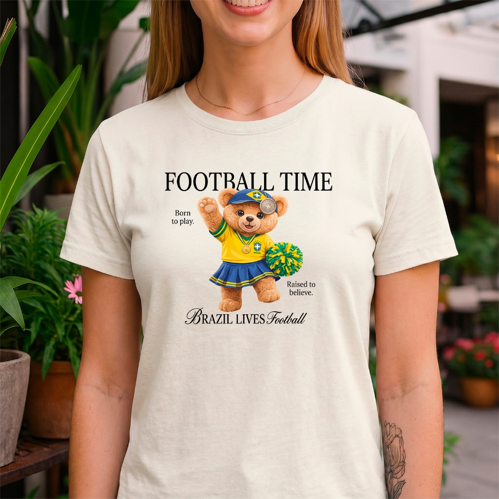 Camiseta Feminina Estampada Urso Brasil Copa do Mundo Premium 100% Algodão Casual Confortável