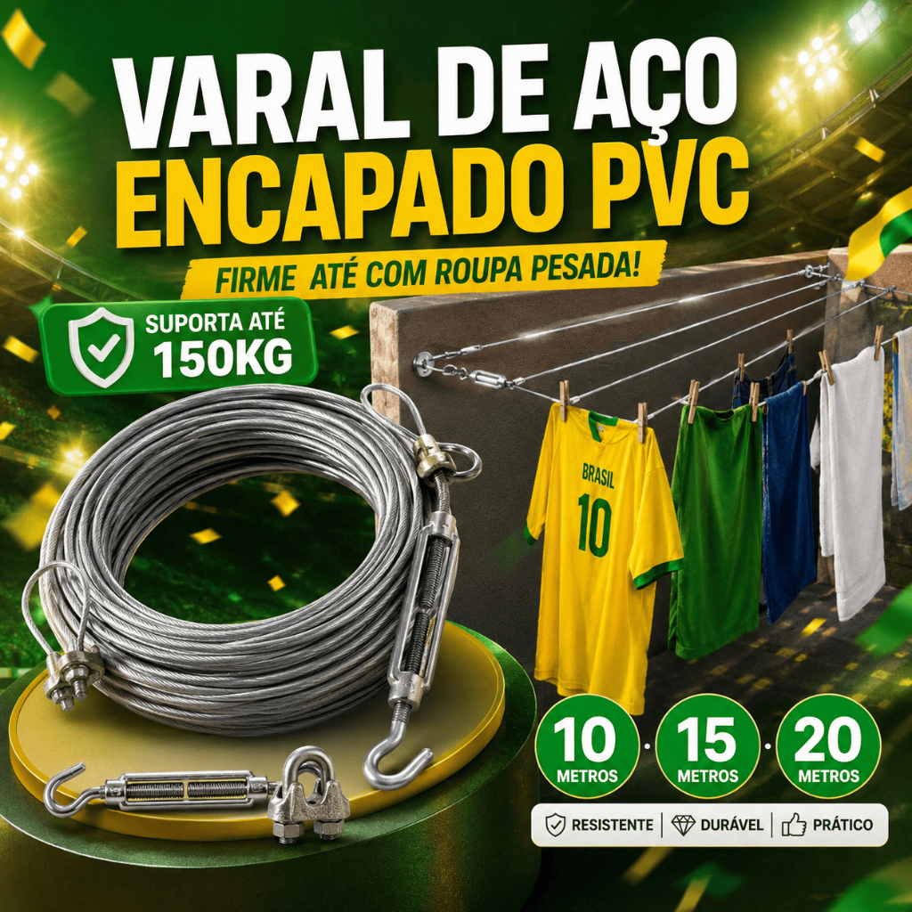 Varal de Aço Encapado PVC 10m 15m 20m | Suporta Até 150kg para Roupas Pesadas