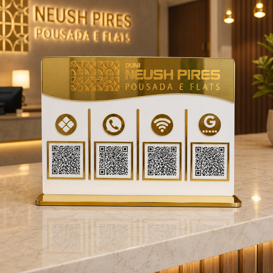 Placa Display 04 ou 05 icones QRCode Pix Insta Whats Google Wifi Mdf Acrílico Espelhado Personalizado