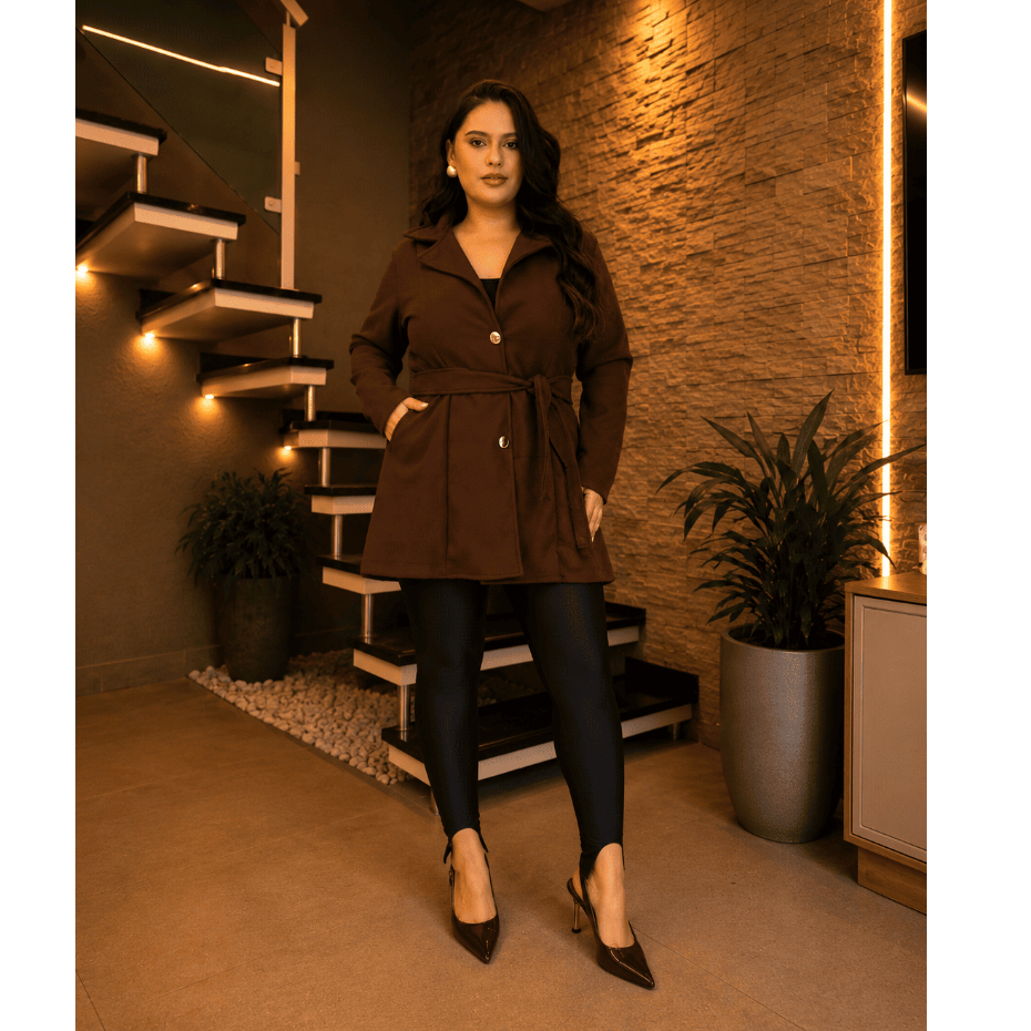 Casaco Sobretudo Plus Size Lã Batida Feminino Com Cinto Ajustável Elegante Inverno