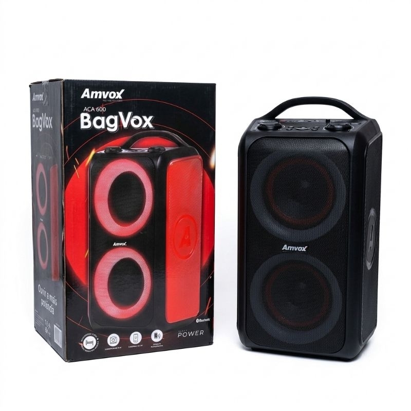 Amvox Caixa de Som Amplificada ACA 600 Bagvox Black - 600W RMS, Bluetooth, Equalizador, USB, Bateria Recarregável bivolt