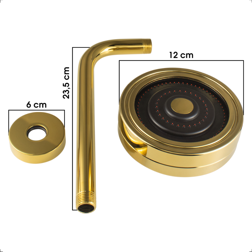 Chuveiro Ducha Articulável Gás e Solar Redondo Autolimpante Parede Inox Com Braço 25cm Banheiro Dourado Gold Brilhante — imagem 2 de 2
