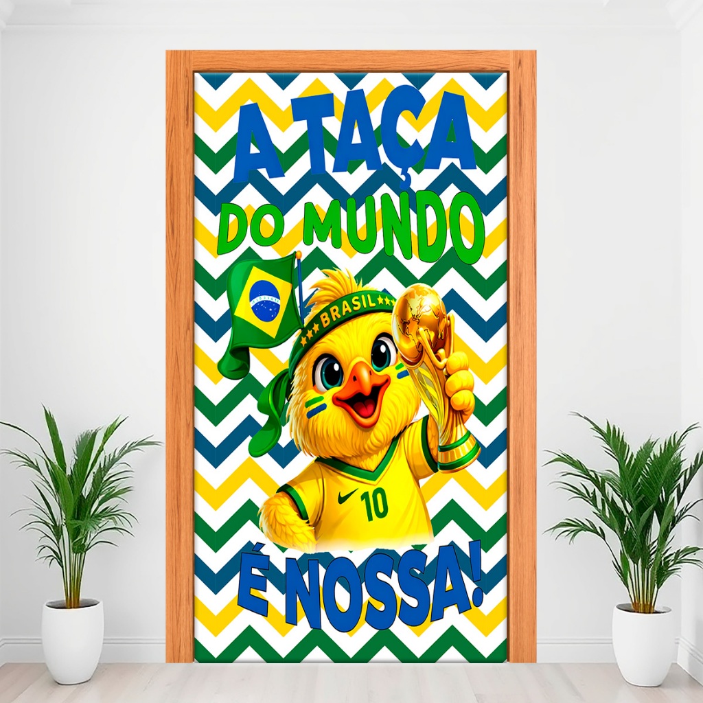 Capa Decorativa De Porta Decoração Com Elástico 2,15m x 0,80Cm Veste Fácil Tema Brasil Copa do Mundo 2026