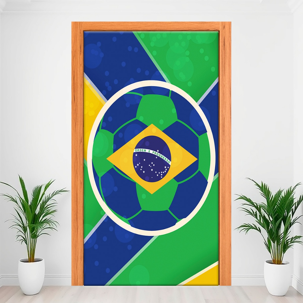 Capa Decorativa De Porta Decoração Com Elástico 2,15m x 0,80Cm Veste Fácil Tema Brasil Copa do Mundo 2026