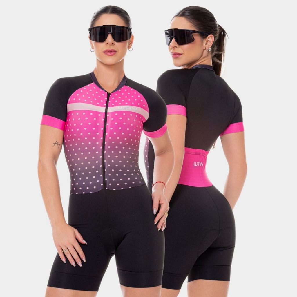 Macaquinho de Ciclismo Feminino Macacão Forro Espuma Rosa Pink Manga Curta Roupa Bike Pedal Mtb