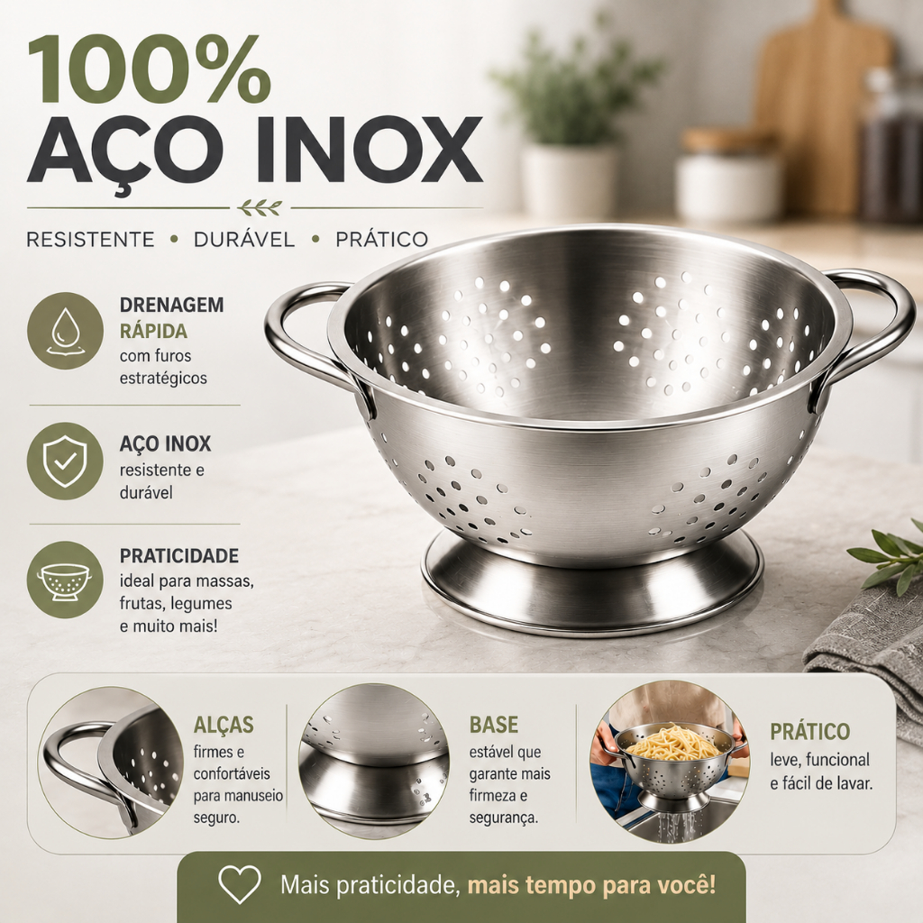 Kit 3 Escorredor Macarrão Inox Profissional Cozinha Industrial Resistente Arroz Restaurante