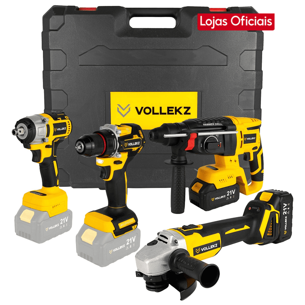 Kit Combo De Ferramentas Vollekz Bateria 21V Brushless 4 Em 1 Com 2 Baterias 4ah