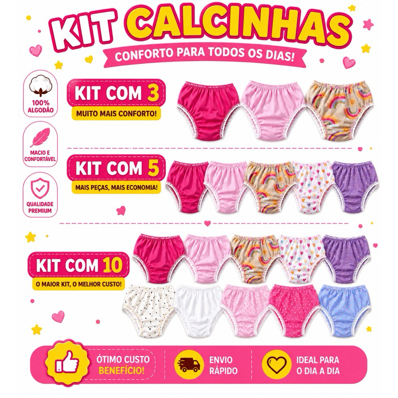 Kit 3, 5 e 10 Calcinhas Infantil Menina Premium 100% Algodão Macias Confortáveis Cores Sortidas