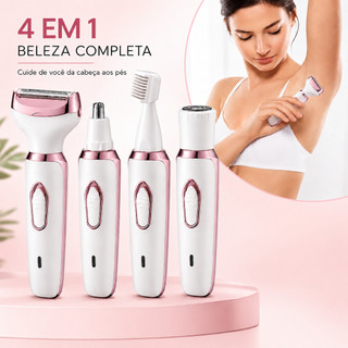 Barbeador Elétrico Feminino 4 Em 1 Depilador Aparador Corpo Íntimo Facial Nariz USB Recar…