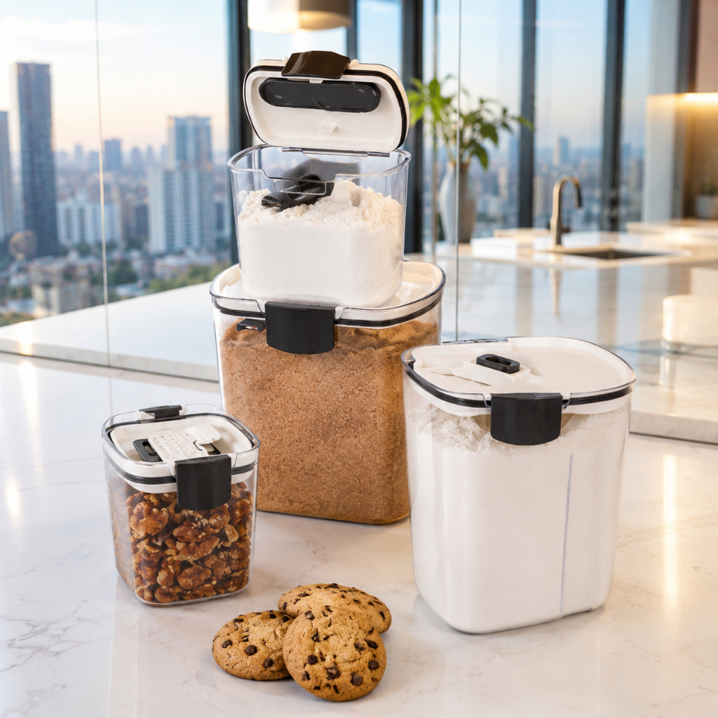 Kit 4 Potes Herméticos Transparente Cozinha Organizadores Mantimentos Açúcar Grãos Farinha e Cereais